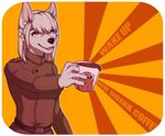  anthro belt_buckle beverage canine clothed clothing coffee dog eyelashes female fur hair mammal open_mouth pink_eyes redcreator shadow simple_background teeth text tongue 