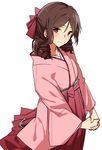  asakawa_(outeq) blush bow brown_hair commentary drill_hair hair_bow hakama hands_together harukaze_(kantai_collection) japanese_clothes kantai_collection kimono long_hair looking_at_viewer meiji_schoolgirl_uniform pink_kimono red_bow red_eyes red_hakama simple_background smile solo twin_drills white_background 