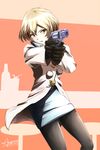  absurdres aiming anomonny bell blonde_hair coat gun handgun highres jingle_bell kizaki_asuna occultic;nine pantyhose pistol revolver solo sweater turtleneck turtleneck_sweater weapon 