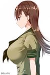  breasts brown_eyes brown_hair from_side highres huge_breasts kantai_collection kloah long_hair looking_to_the_side ooi_(kantai_collection) simple_background solo twitter_username white_background 