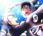  black_hair blue_eyes brown_eyes bubble honchu katsuki_yuuri lens_flare light_rays male_focus multiple_boys open_mouth silver_hair smile sunbeam sunlight tears underwater viktor_nikiforov yuri!!!_on_ice 