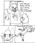  2017 al_(weaver) anthro canine caprine clothed clothing comic dialogue disney duo fur hi_res male mammal monochrome pack_street panic remmy_cormo sheep shirt size_difference sound_effects sweat text wolf wool zhanbao zootopia 