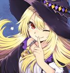  black_coat black_hat blonde_hair blue_background collarbone cu-sith dorothy_(shingeki_no_bahamut) dress finger_to_mouth fur_trim hair_between_eyes hat index_finger_raised jewelry long_hair looking_at_viewer necklace one_eye_closed red_eyes shadowverse smile solo star upper_body white_dress witch witch_hat 