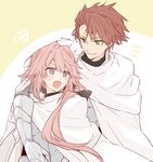  armor astolfo_(fate) cape character_request citron_82 fate/apocrypha fate/grand_order fate_(series) hug long_hair male_focus multiple_boys open_mouth otoko_no_ko pink_hair ponytail short_hair smile 