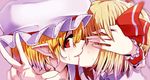  blonde_hair blush commentary_request flandre_scarlet from_side hair_ribbon hat kiss looking_at_viewer looking_to_the_side manekinekoppoi_inu mob_cap multiple_girls pointy_ears portrait profile red_eyes red_ribbon ribbon rumia short_hair smile sweat touhou v wrist_cuffs yuri 