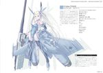  bare_shoulders blonde_hair bridal_gauntlets character_sheet eurofighter_typhoon full_body green_eyes hand_on_hip highres jet_engine long_hair luftwaffe nenchi original personification skin_tight solo translation_request twintails very_long_hair weapon wings 