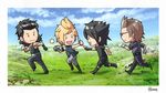  black_hair blonde_hair blue_eyes boots camera chibi closed_eyes cloud day final_fantasy final_fantasy_xv fingerless_gloves freckles gladiolus_amicitia gloves grass hinoe_(dd_works) ignis_scientia jacket male_focus multiple_boys noctis_lucis_caelum prompto_argentum running scar scar_across_eye shirt short_sleeves signature sky sleeveless smile t-shirt tattoo thumbs_up 