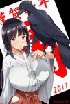  2017 bird black_hair breasts crow highres huge_breasts japanese_clothes kloah long_hair miko original purple_eyes smile solo yatagarasu 