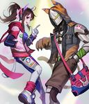 1girl alternate_hairstyle animal_print armor ass bag bangs blue_bodysuit bodysuit boots bow breasts brown_eyes brown_hair brown_shorts bunny_headphones bunny_print cowboy_shot cyborg d.va_(overwatch) drawstring emblem facepaint facial_mark from_side genji_(overwatch) gloves hair_bow hand_in_pocket hand_up headphones helmet hood hood_up hooded_jacket index_finger_raised jacket knee_pads logo long_sleeves looking_at_viewer mask open_clothes open_jacket open_mouth overwatch paw_gloves paws pilot_suit pink_bow pink_lips ponytail power_armor red_eyes red_scarf scarf shoes shorts shoulder_bag sidelocks skin_tight small_breasts smile teiten-bakuha thigh_boots thigh_strap thighhighs whisker_markings 
