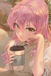  arm_support bangs blurry blush brown_eyes coffee coffee_cup cup depth_of_field disposable_cup eyelashes hair_between_eyes head_rest highres holding idolmaster idolmaster_cinderella_girls jougasaki_mika light_smile long_hair looking_at_viewer mossi nail_polish pink_hair pink_nails smile solo stirring_rod sweater upper_body yellow_eyes 
