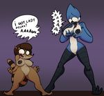  2017 anthro areola avian beak bird blue_feathers blue_jay breasts brown_fur cartoon_network corvid crossgender english_text feathers female fur mammal mordecai_(regular_show) nipples open_mouth pussy raccoon regular_show rigby_(regular_show) teeth text thingshappen tongue 
