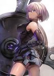  armor ashiwara_yuu ass bare_shoulders black_armor breasts cowboy_shot elbow_gloves eyebrows_visible_through_hair fate/grand_order fate_(series) from_side gauntlets gloves holding_shield lavender_hair looking_at_viewer mash_kyrielight medium_breasts parted_lips profile purple_eyes shield short_hair sideways_mouth solo thighhighs 