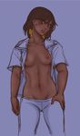  black_hair blush breasts casual collarbone dark_nipples dark_skin eye_of_horus facial_tattoo head_tilt lips murasaki-yuri navel nipples open_clothes open_shirt overwatch pharah_(overwatch) shirt short_hair sketch small_breasts solo tattoo toned 