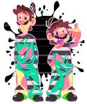  alternate_costume arm_up bad_id bad_pixiv_id brothers brown_hair eyebrows eyebrows_visible_through_hair facial_hair finger_to_head full_body half-closed_eyes hand_in_pocket hands_in_pockets highres long_sleeves luigi male_focus mario mario_(series) multiple_boys mustache no_hat no_headwear open_mouth pants shirt siblings sleeves_rolled_up standing striped super_mario_bros. tongue tongue_out zabumaku 