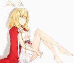  ass bad_hands bad_id bad_pixiv_id bangs bare_legs barefoot belt blonde_hair braid breasts cape center_opening cleavage closed_mouth dress eyebrows_visible_through_hair flower hair_flower hair_ornament highres idun_(tower_of_saviors) legs_up long_hair medium_breasts own_hands_together plantar_flexion red_cape short_dress short_hair silver_(chenwen) simple_background single_braid small_breasts smile solo tareme tower_of_saviors white_background white_dress yellow_eyes 