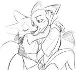  anthro arctic_fox canine clothed clothing disney duo embrace eyes_closed female fox half-closed_eyes iji male mammal monochrome nick_wilde skye_(zootopia) zootopia 