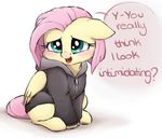  2017 blue_eyes blush buttersprinkle clothed clothed_feral clothing english_text equine feathered_wings feathers female feral fluttershy_(mlp) friendship_is_magic fur hair hoodie looking_at_viewer mammal my_little_pony pegasus pink_hair simple_background solo text white_background wings yellow_feathers yellow_fur 