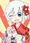  2017 alternate_hairstyle floral_print flower green_eyes green_hair hair_flower hair_ornament happy_new_year holding japanese_clothes kimono komeiji_koishi new_year omikuji one_eye_closed open_mouth ponytail short_hair side_ponytail solo touhou yamase 