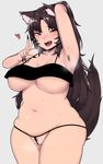  1girl animal_ears arm_up armpit armpit_hair armpits blush breasts brown_hair fang g-string large_breasts long_hair long_nails looking_at_viewer midriff navel oozon_(ozon) open_mouth plump pubic_hair red_eyes smile solo sweat tail underboob wide_hips 