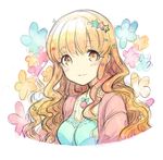  :3 brown_eyes brown_hair commentary_request floral_background h2so4 hair_ornament hairclip idolmaster idolmaster_cinderella_girls jewelry long_hair moroboshi_kirari necklace solo sparkling_eyes star star_hair_ornament traditional_media watercolor_(medium) wavy_hair 