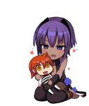  :d ahoge bangs barefoot black_legwear blush character_doll chibi doll_hug eyebrows_visible_through_hair fate/grand_order fate/prototype fate/prototype:_fragments_of_blue_and_silver fate_(series) fujimaru_ritsuka_(female) hair_between_eyes half-closed_eyes hassan_of_serenity_(fate) heart leotard looking_at_another looking_at_viewer monobe_tsukuri multiple_girls object_hug open_mouth orange_eyes orange_hair pov riyo_(lyomsnpmp)_(style) short_hair_with_long_locks side_ponytail simple_background sitting smile v-shaped_eyebrows wariza white_background yuri 