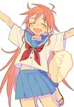  ahoge antenna_hair blue_skirt blush closed_eyes d.y.x. eyebrows_visible_through_hair flip-flops flip_flappers hands_up long_hair neckerchief open_mouth orange_hair outstretched_arms papika_(flip_flappers) pleated_skirt red_neckwear sandals school_uniform serafuku short_sleeves simple_background skirt smile solo spread_arms toes white_background 