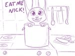  2017 anthro buckteeth carrot cooking_pot dialogue disney english_text female food judy_hopps knife lagomorph looking_at_viewer mammal monochrome open_mouth open_smile purple_and_white rabbit smile solo stove teeth text tggeko vegetable zootopia 