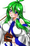  :o ahoge ar_(lover_boy) blue_eyes blush breasts card commentary_request crossover detached_sleeves frog_hair_ornament gohei green_hair hair_ornament hair_tubes highres japanese_clothes kochiya_sanae large_breasts long_hair long_sleeves looking_at_viewer navel nontraditional_miko sidelocks solo touhou upper_body v-shaped_eyebrows wide_sleeves yuu-gi-ou 