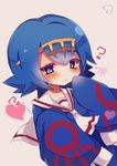  ? alternate_costume blue_eyes blue_hair blue_shirt blush cosplay gen_3_pokemon hairband heart highres kyogre kyogre_(cosplay) long_sleeves muuran pokemon pokemon_(game) pokemon_sm sailor_collar shirt short_hair signature solo suiren_(pokemon) trial_captain white_sailor_collar 