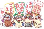  &gt;_&lt; :d akeome beak bird bird_costume bird_wings black_hair blush_stickers bow cape chibi chicken chicken_costume chinese_zodiac closed_eyes eyebrows_visible_through_hair fujiwara_no_mokou grey_hair hair_bow happy_new_year hat hat_removed headwear_removed highres holding jitome kishin_sagume looking_at_another looking_at_viewer looking_to_the_side multiple_girls mystia_lorelei new_year o_o open_mouth pom_pom_(clothes) red_eyes reiuji_utsuho shameimaru_aya single_wing smile sunb_(sbmkmk) sweatdrop third_eye tokin_hat touhou translated wings xd year_of_the_rooster 