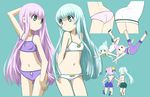 :/ alternate_hairstyle aoki_hagane_no_arpeggio aqua_background arm_up arms_behind_back ass ass_visible_through_thighs bandeau bike_shorts black_footwear blue_hair boots bow bow_panties bra breasts closed_mouth collarbone cropped_legs dimples_of_venus flat_chest frown green_eyes hair_bun hair_ribbon hand_behind_head highres i-400_(aoki_hagane_no_arpeggio) i-402_(aoki_hagane_no_arpeggio) kamo_3 kneeling kneepits lavender_hair long_hair looking_at_another looking_away multiple_girls multiple_views navel outstretched_arms panties pants parted_lips ponytail purple_bra purple_panties purple_pants purple_shirt ribbon shirt shoes sidelocks simple_background sleeveless sleeveless_shirt small_breasts solid_oval_eyes sweatband twintails underwear very_long_hair white_bra white_footwear white_ribbon 