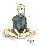  barefoot blue_eyes character_name elf full_body grey_hair long_hair lord_of_the_rings male_focus nyangsam open_mouth orophin pointy_ears simple_background sitting solo white_background 