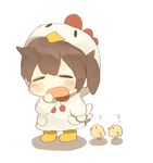  =_= ? alternate_costume animal bird blush brown_hair chibi chick chicken_costume closed_eyes commentary full_body ina_(1813576) kaga_(kantai_collection) kantai_collection long_hair long_sleeves shadow side_ponytail simple_background white_background yawning 