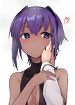  bangs blue_eyes blush breasts cleavage cleavage_cutout closed_mouth fate/grand_order fate/prototype fate/prototype:_fragments_of_blue_and_silver fate_(series) fujimaru_ritsuka_(female) hair_between_eyes hand_on_another's_cheek hand_on_another's_face hassan_of_serenity_(fate) heart leotard long_sleeves looking_at_hand medium_breasts monobe_tsukuri multiple_girls nose_blush pov purple_hair short_hair_with_long_locks simple_background smile solo_focus turtleneck upper_body white_background 