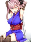  armpits arms_up blue_eyes blush breasts elbow_gloves eyebrows_visible_through_hair fate/grand_order fate_(series) folded_ponytail gloves japanese_clothes katana kimono large_breasts looking_at_viewer miyamoto_musashi_(fate/grand_order) obi open_mouth sabujiroko sash shirt short_kimono simple_background sitting sleeveless sleeveless_shirt solo sword thighhighs weapon white_background 