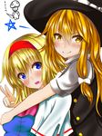  &gt;:) alice_margatroid ar_(lover_boy) ascot bangs blonde_hair blue_eyes blush bow breasts capelet closed_mouth commentary_request from_side hair_between_eyes hair_bow hairband hat highres hug hug_from_behind kirisame_marisa long_hair looking_at_viewer looking_to_the_side medium_breasts multiple_girls open_mouth orange_hair puffy_short_sleeves puffy_sleeves short_hair short_sleeves sidelocks smile sweat touhou upper_body v-shaped_eyebrows white_bow witch_hat yellow_eyes 