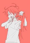  armpit_peek cutting_hair d.y.x. flip_flappers holding holding_scissors long_hair monochrome orange_background orange_hair papika_(flip_flappers) scissors shirt solo spoilers spot_color 