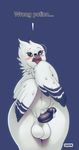  2017 amelia_abernachy anthro avian balls beak big_balls bird black_feathers black_sclera blush dickgirl english_text eyewear feathered_wings feathers front_view glasses humanoid_penis intersex nude open_mouth owl penis precum simple_background slightly_chubby solo sqoon text thick_thighs vein veiny_penis white_feathers wide_hips wings 