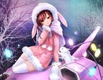  animal animal_hood arm_at_side arm_support bangs bare_tree brown_eyes brown_hair bunny bunny_hood buttons cable capelet christmas coat d.va_(overwatch) facepaint facial_mark fur-trimmed_coat fur_trim hand_to_own_mouth hand_up hood hood_up hooded_coat light_bulb looking_at_viewer m-musume_(catbagel) mecha meka_(overwatch) night night_sky open_mouth overwatch pink_coat pom_pom_(clothes) sitting sky solo star_(sky) starry_sky thighhighs tree whisker_markings white_legwear winter_clothes winter_coat yokozuwari zettai_ryouiki 