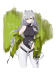  1girl animal_ears asymmetrical_clothes asymmetrical_pants bare_shoulders black_leotard braid breasts commentary_request cowboy_shot eyebrows_visible_through_hair fingerless_gloves girls_frontline gloves green_background green_eyes green_jacket grey_hair highres jacket jacket_pull ksvk_(girls_frontline) leotard long_hair looking_at_viewer mechanical_arm medium_breasts pandea_work ribbed_leotard signature solo standing title work_in_progress 