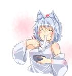  ^_^ animal_ears bangs bare_shoulders blush bowl breasts chopsticks closed_eyes commentary_request detached_sleeves eating food hat inubashiri_momiji long_sleeves medium_breasts mochi ototobe short_hair silver_hair sketch smile solo tokin_hat touhou upper_body wagashi wide_sleeves wolf_ears 