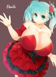  aqua_eyes aqua_hair bare_shoulders breasts brown_background cleavage collarbone dress drill_hair facominn flower hair_flower hair_ornament hatsune_miku highres huge_breasts looking_at_viewer project_diva_(series) red_dress rose simple_background smile solo twin_drills vocaloid 
