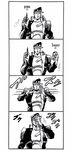  4koma alcohol beer beer_can can chain comic drinking gakuran greyscale hat hatching_(texture) highres ink_(medium) jojo_no_kimyou_na_bouken kuujou_joutarou lee_(dragon_garou) male_focus monochrome motion_lines parody pen pen-pineapple-apple-pen school_uniform shaded_face solo stardust_crusaders traditional_media upper_body 