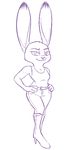  2017 anthro bedroom_eyes clothed clothing disney female footwear half-closed_eyes hands_on_hips high_heels judy_hopps lagomorph looking_at_viewer mammal monochrome purple_and_white rabbit seductive shoes simple_background smile solo standing tggeko white_background zootopia 