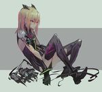  :/ armor armored_dress bangs blonde_hair die_(die0118) dirty_face eyebrows_visible_through_hair flip_flappers frown gloves hair_between_eyes hair_down hand_on_own_arm long_hair multicolored_hair purple_eyes simple_background solo streaked_hair thighhighs wire yayaka 