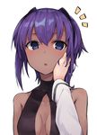  2girls bangs blue_eyes blush breasts cleavage cleavage_cutout fate/grand_order fate/prototype fate/prototype:_fragments_of_blue_and_silver fate_(series) fujimaru_ritsuka_(female) hair_between_eyes hand_on_another's_cheek hand_on_another's_face hassan_of_serenity_(fate) leotard long_sleeves looking_at_viewer medium_breasts monobe_tsukuri multiple_girls open_mouth parted_lips pov purple_hair short_hair short_hair_with_long_locks simple_background solo_focus turtleneck upper_body white_background 