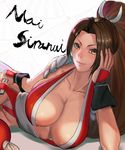  &gt;:) absurdres areola_slip areolae blush breasts brown_hair character_name cleavage closed_mouth collarbone fatal_fury hair_intakes high_ponytail highres large_breasts long_hair looking_at_viewer lying mayrel on_side revealing_clothes rope seductive_smile shiranui_mai smile solo the_king_of_fighters v-shaped_eyebrows very_long_hair yellow_eyes 