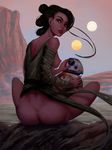  ass back bb-8 breasts brown_eyes brown_hair caustic_crayon dimples_of_venus eyebrows from_behind heart heart-shaped_pupils highres indian_style lips looking_back masturbation mecha_on_girl medium_breasts multiple_moons nipples no_panties nose open_clothes rey_(star_wars) robot science_fiction short_hair sitting star_wars star_wars:_the_force_awakens symbol-shaped_pupils triple_bun when_you_see_it 