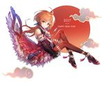  2017 ahoge bangs bare_shoulders black_legwear boots cloud dated detached_sleeves dress earrings feathers full_body halterneck happy_new_year hieung highres japanese_flag jewelry knee_up long_hair looking_at_viewer new_year orange_hair original pantyhose pointy_ears red_dress red_eyes simple_background smile solo white_background 