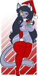  areola big_breasts black_hair blush breasts cat christmas clothing ear_tuft feline female gradient_background hair hat holidays legwear long_hair mammal navel nipples one_eye_closed pink_nipples red_socks simple_background socks solo tehbuttercookie tuft wide_hips wink yellow_eyes 